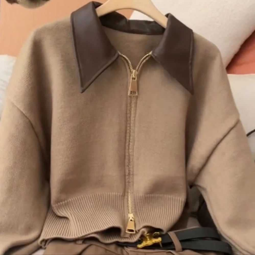 Collar Knit Sweater Fashion Double Zipper Cardigan - Picture 4 of 8